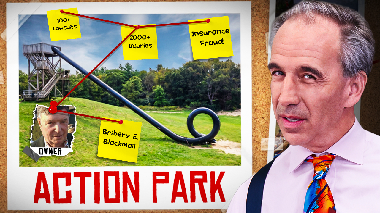 Action Park corkboard thumbnail with lawsuits and injuries callouts